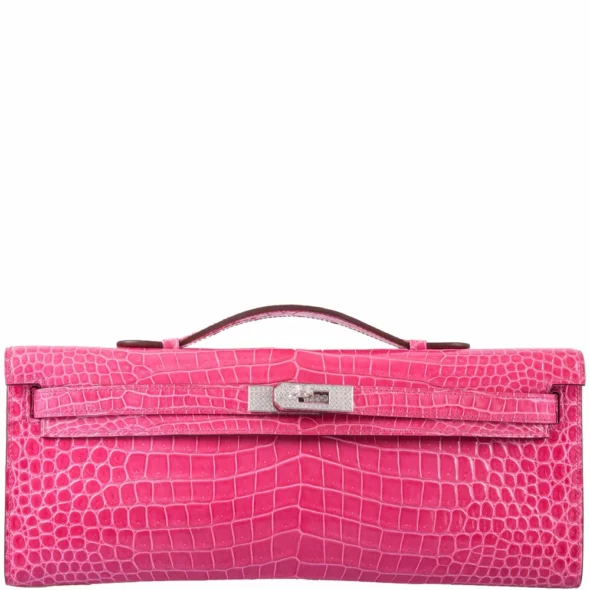 Mirror Quality Hermès Replicas Kelly Cut Pochette Rose Tyrien Shiny Porosus Crocodile Diamonds & White GHW - Exotic Creations