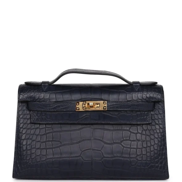 Mirror Quality Hermès Replicas Kelly Pochette Bleudigo Matte Alligator GHW - Exotic Creations