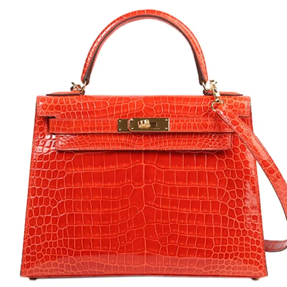 Mirror Quality Hermès Replicas Porosus Crocodile Kelly 28 Geranium Porosus Crocodile GHW - Exotic Creations