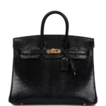 Premium Hermès Replica Birkin 25 Black Shiny Varanus Niloticus Lizard GHW - Exotic Creations