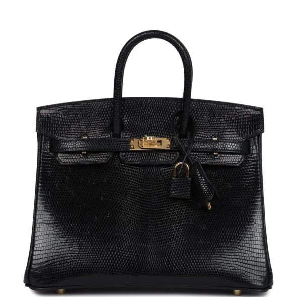 Premium Hermès Replica Birkin 25 Black Shiny Varanus Niloticus Lizard GHW - Exotic Creations