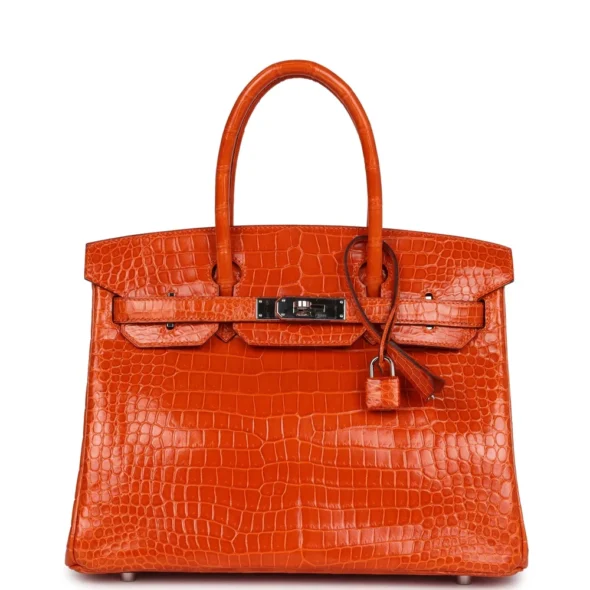 Premium Hermès Replica Birkin 30 Orange Shiny Porosus Crocodile PHW - Exotic Creations