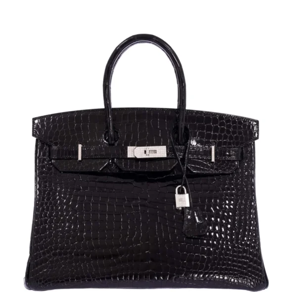 Premium Hermès Replica Birkin 35 Black Shiny Porosus Crocodile 18K White Gold & Diamond HW - Exotic Creations