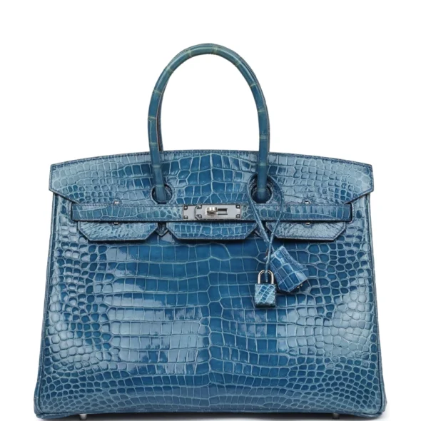 Premium Hermès Replica Birkin 35 Bleu Mykonos Shiny Porosus Crocodile PHW - Exotic Creations