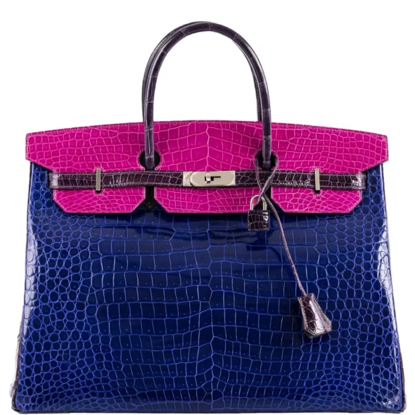 Premium Hermès Replica Birkin 40 Blue Electric, Rose Scheherazade, & Cassis Shiny Porosus Crocodile PHW - Exotic Creations