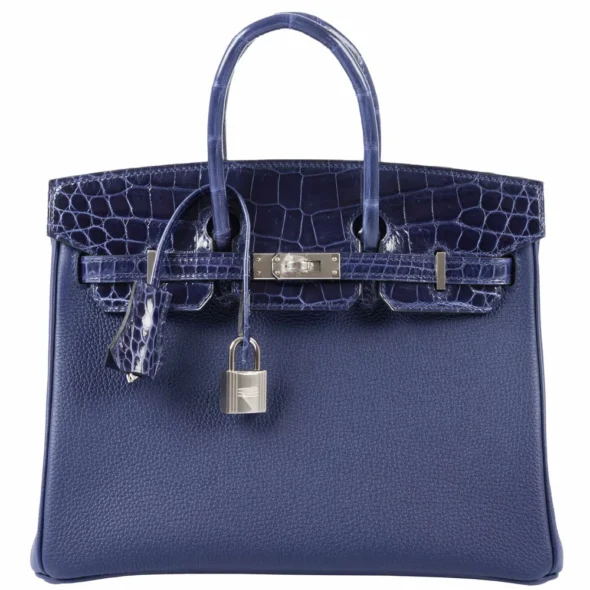 Premium Hermès Replica Birkin Touch 25 Blue Encre Togo & Niloticus Crocodile PHW - Exotic Creations