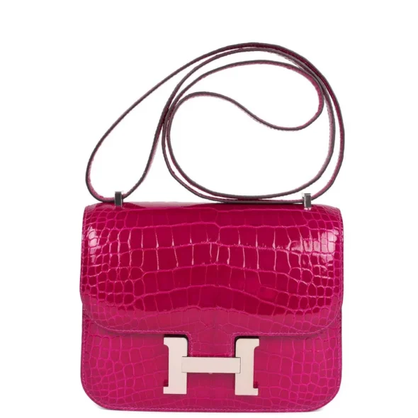 Premium Hermès Replica Constance 18 Rose Poupre Shiny Alligator PHW - Exotic Creations