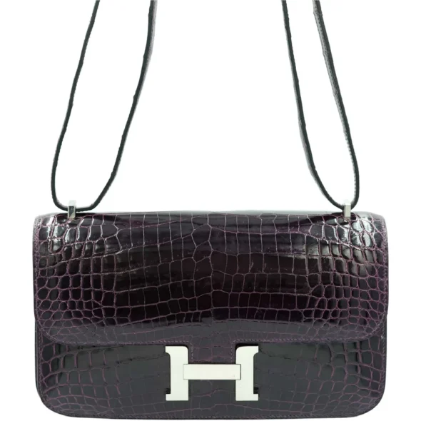 Premium Hermès Replica Constance Elan 25 Amethyst Shiny Niloticus Crocodile PHW - Exotic Creations