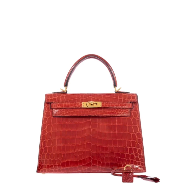 Premium Hermès Replica Kelly 25 Geranium Shiny Alligator GHW - Exotic Creations