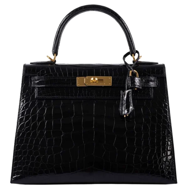 Premium Hermès Replica Kelly 28 Black Shiny Alligator GHW | Exotic Creations