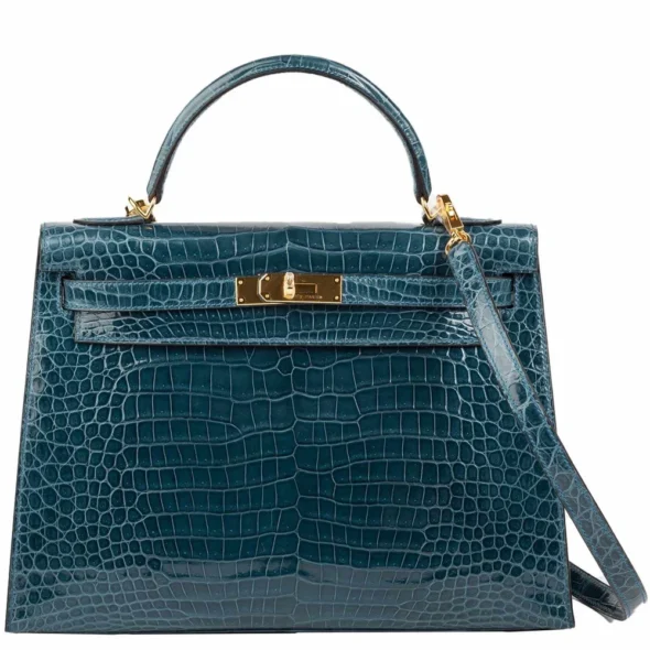Premium Hermès Replica Kelly 32 Blue Roi Porosus Crocodile GHW - Exotic Creations