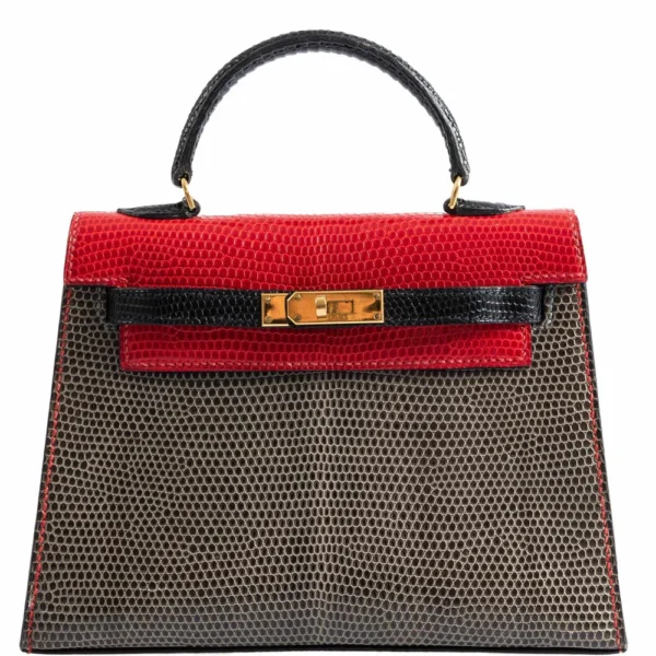 Premium Hermès Replica Kelly Micro Mini 15 Rouge Vif, Gris Fonce & Noir Lizard GHW - Exotic Creations