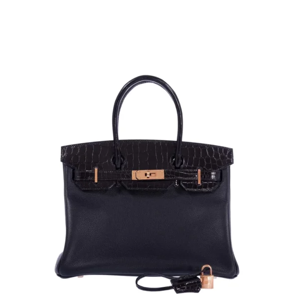 Premium Hermès Replica Touch Birkin 30 Black Shiny Niloticus Crocodile & Togo RGHW - Exotic Creations